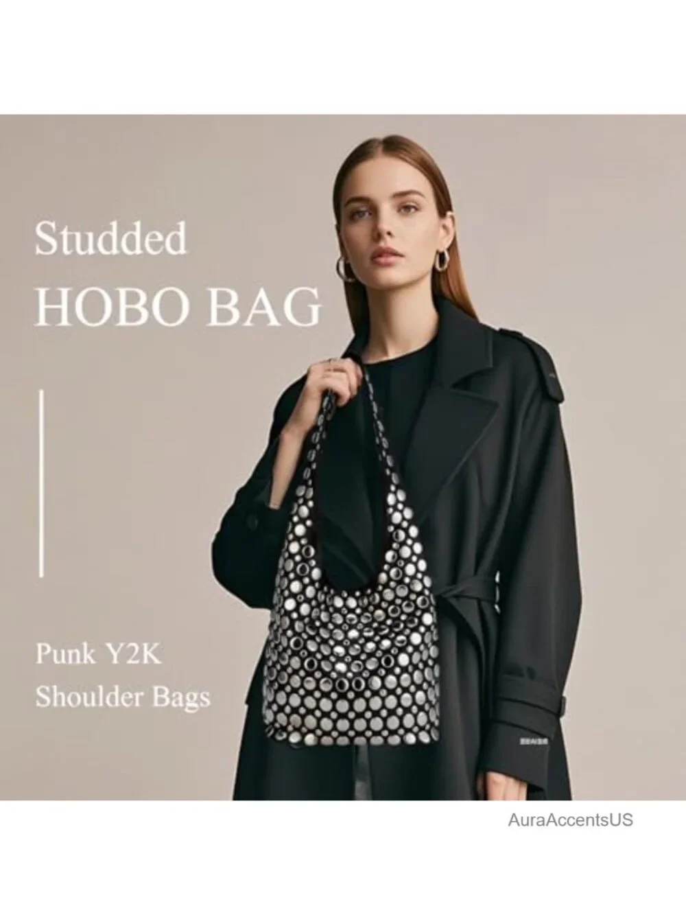 Studded Y2K Punk PU Leather Hobo Handbag for Women Underarm Shoulder Tote